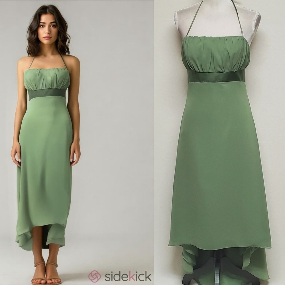 Alfred Angelo Sage Green Chiffon Halter Neck Ruched Bustier Hi-low Midi Dress 10